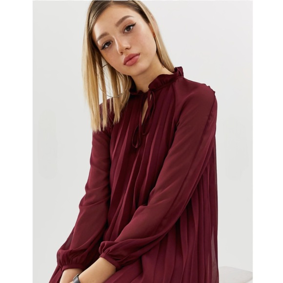 ASOS Red Chiffon Pleated Trapeze Dress w. Ruffle Neckline & Tie - Size 10 - Picture 7 of 16